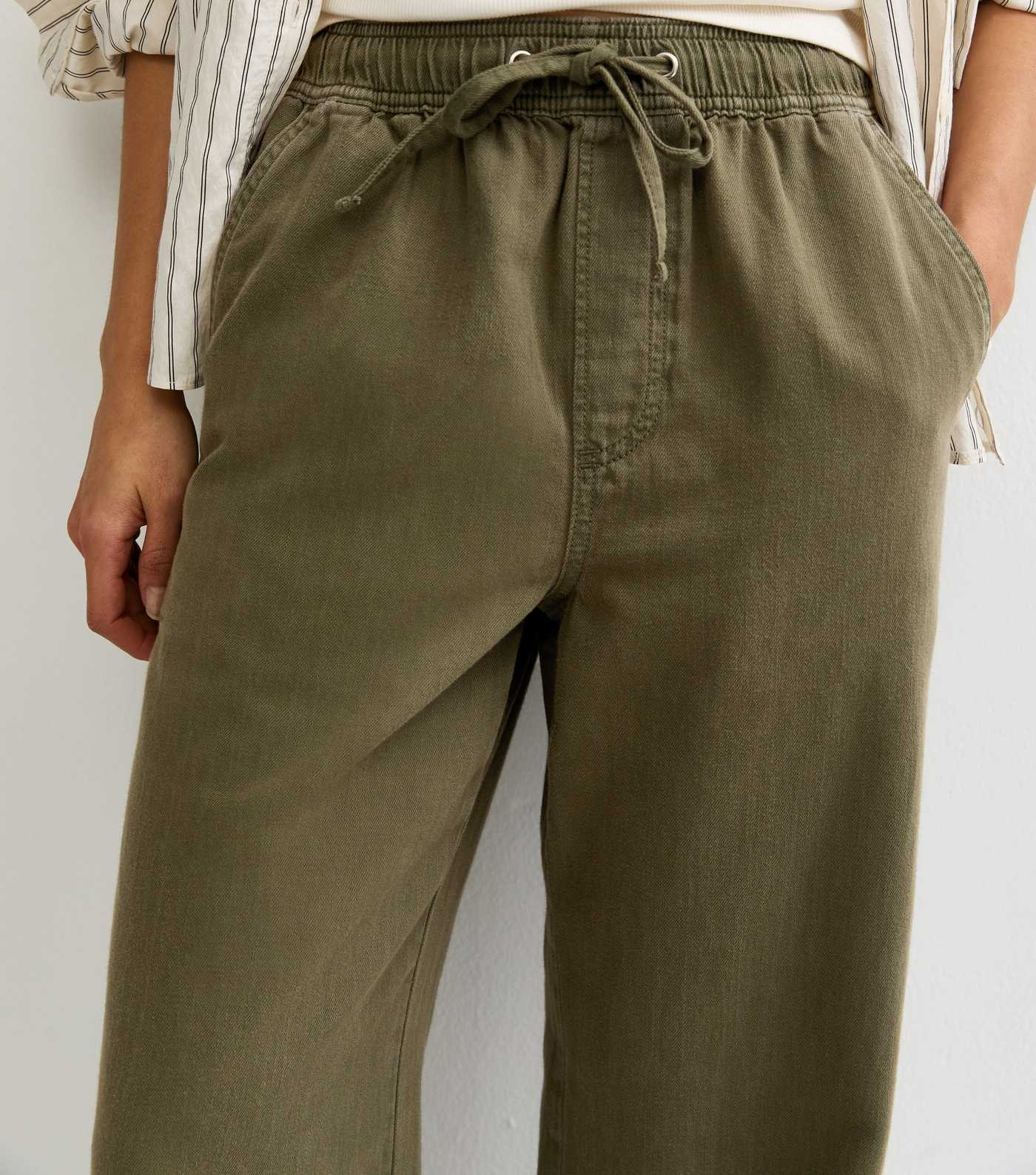 Dark Khaki Cotton Twill Drawstring Wide Leg Trousers | New Look | New Look (UK)