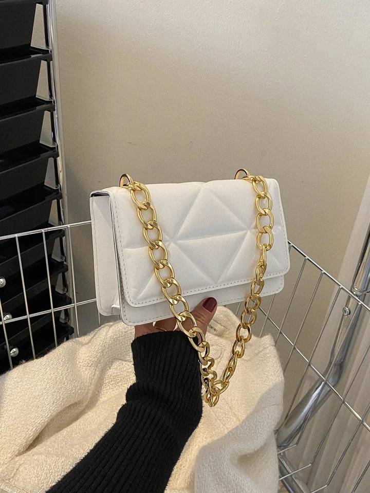 Quadratische Tasche mit geometrisch Prägung, Klappe, Kette | SHEIN