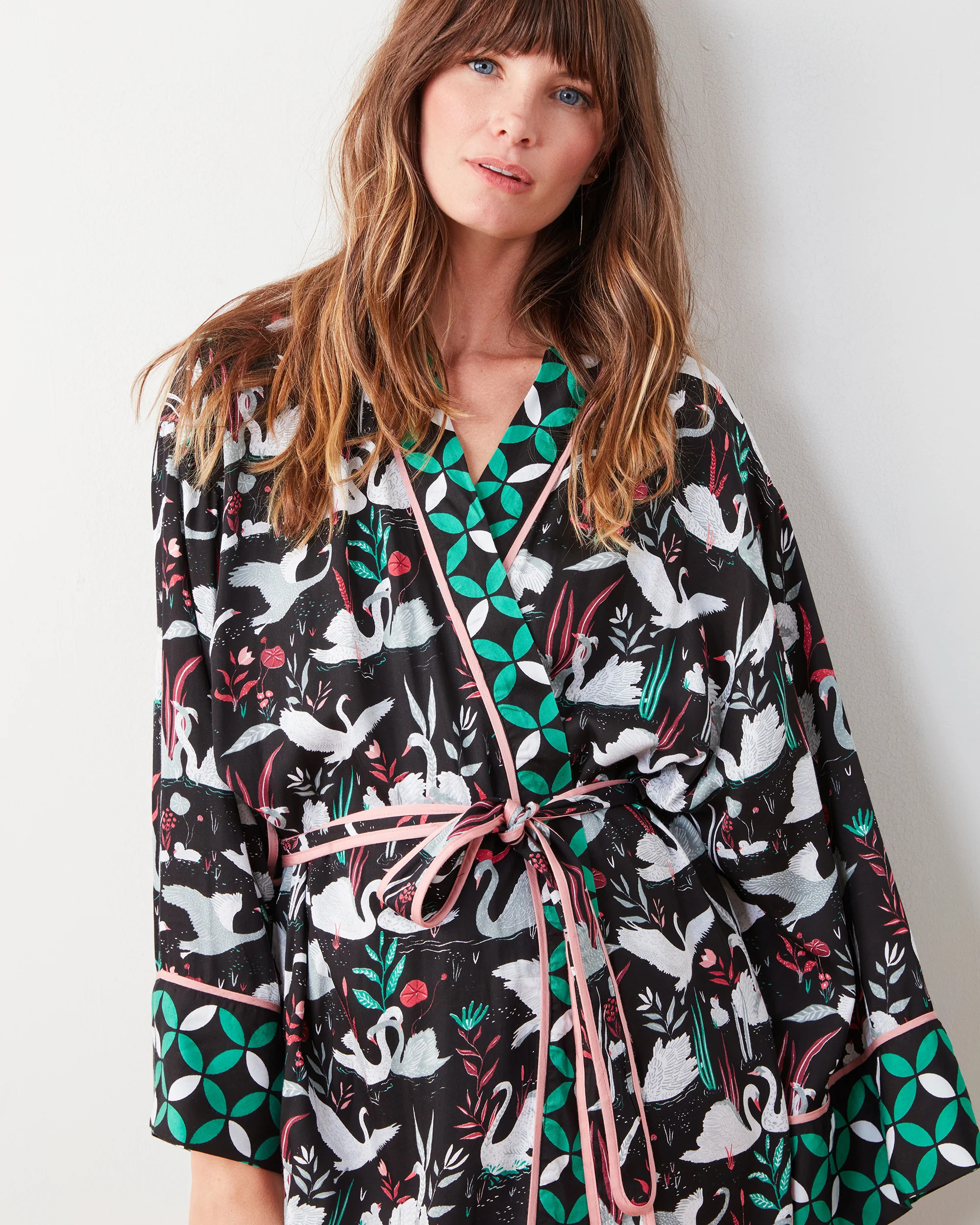 Printfresh Women's Eco Silky Robe in Green Enchanted Swans | Printfresh