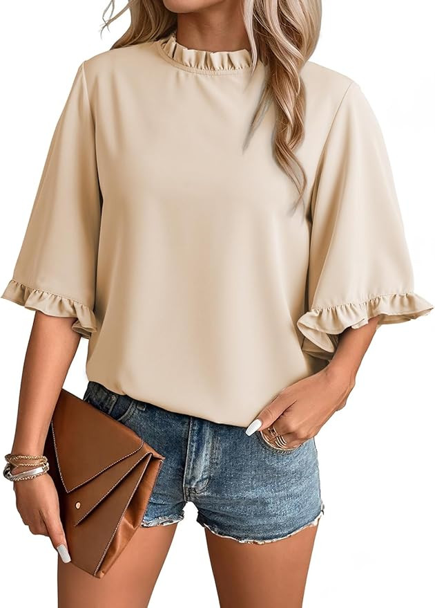 EVALESS Summer Outfits for Women Crewneck Bell Sleeve Tops with Ruffled Trim Cute Shirts Casual L... | Amazon (US)