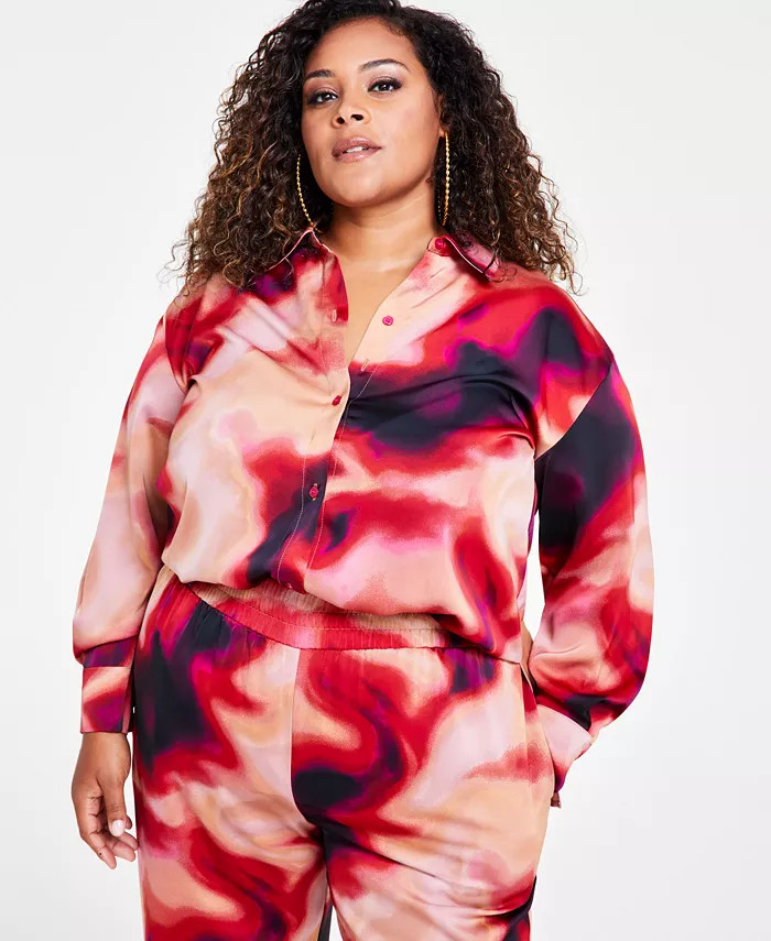 Nina Parker Trendy Plus Size Satin Shirt - Macy's | Macy's