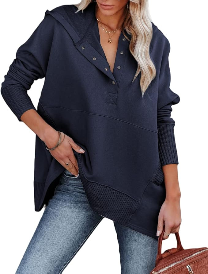 Zwurew Women Casual Henley Hoodie Pullover V Neck Oversize Sweatshirt with Pocket Navy Blue at Am... | Amazon (US)