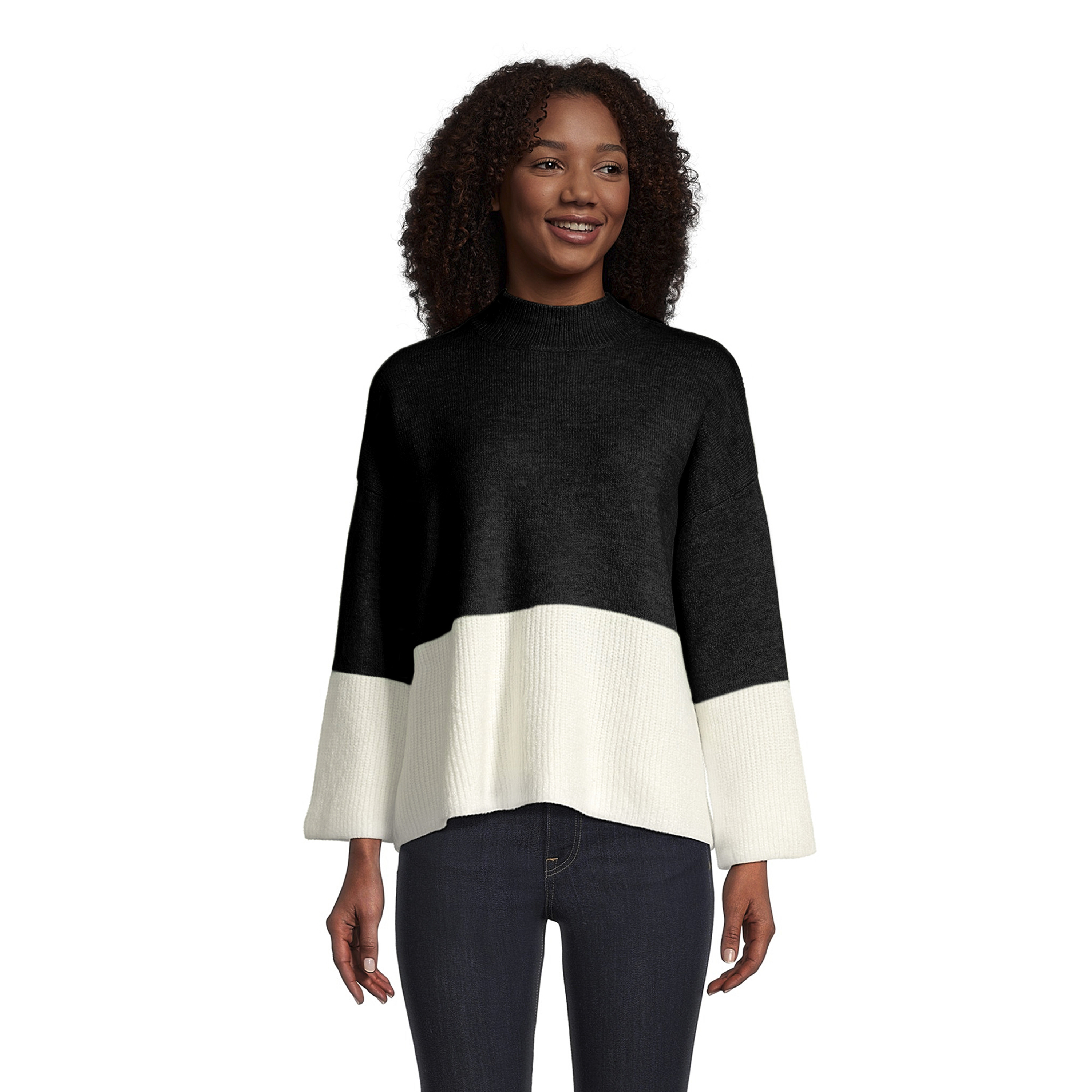 Black and Ivory Color Block Mock Neck Lounge Sweater | World Market