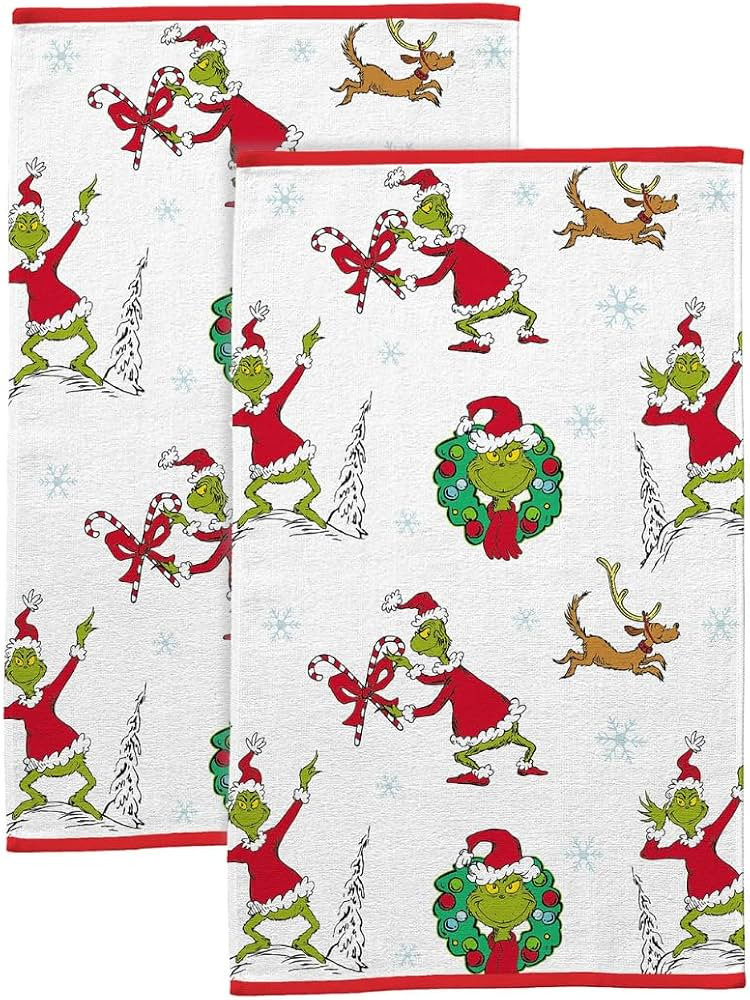 Franco Dr. Seuss The Grinch Super Soft Plush 2 Pack Christmas Cotton Bath/Kitchen Hand Towels, 15... | Amazon (US)