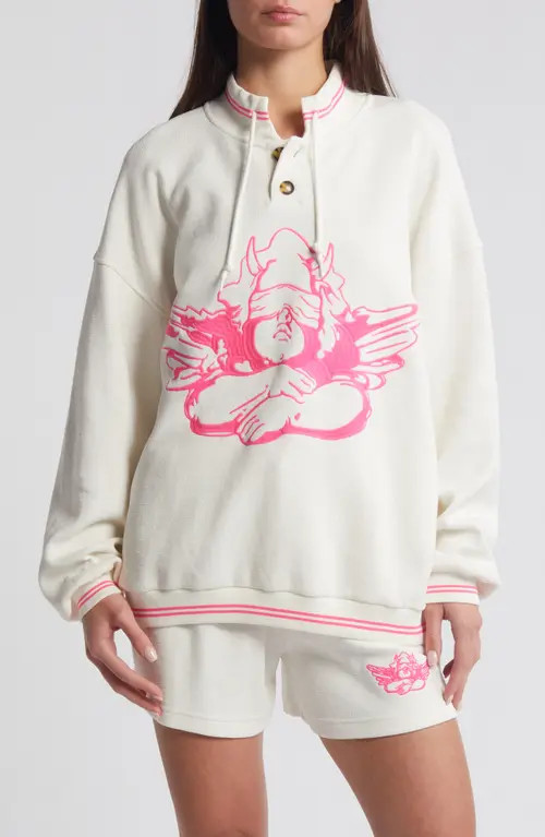 BOYS LIE Cherub University Cotton Henley Graphic Sweatshirt in White at Nordstrom, Size Small | Nordstrom