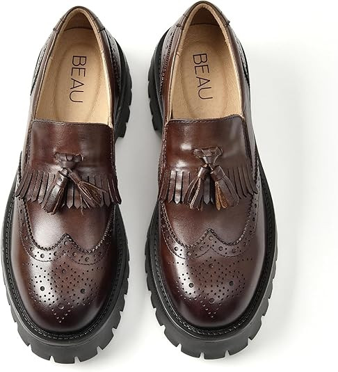 BEAU TODAY Chunky Loafers for Women, Women’s Leather Platform Loafers, Lug Sole Tassel Slip On ... | Amazon (US)