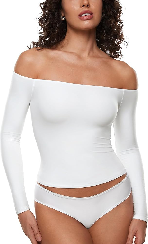 INLYRIC Women's Inbarely Soft Off The Shoulder Double Lined Long Sleeve Tops Going Out Slim Fitte... | Amazon (US)