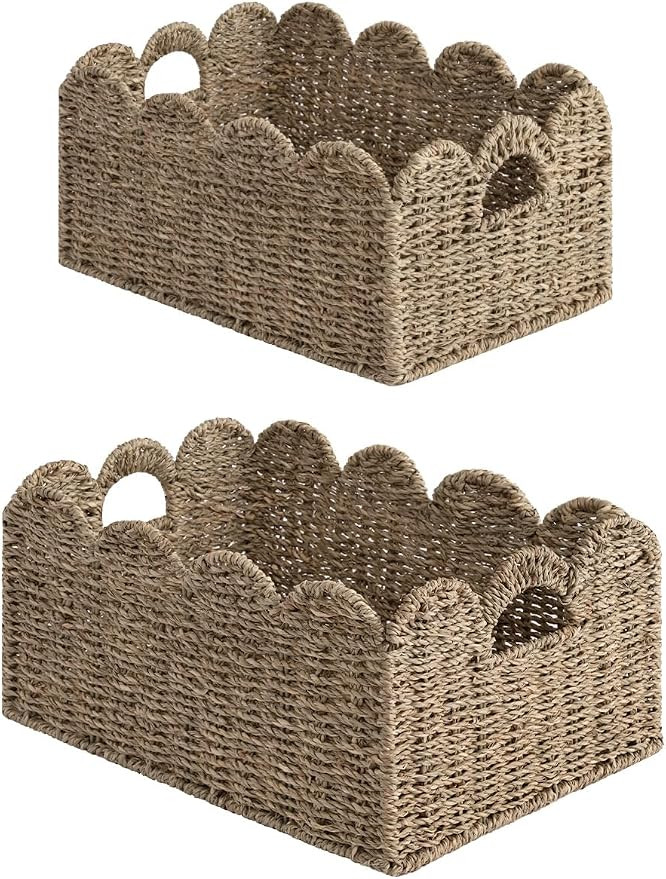 StorageWorks Scalloped Wicker Basket, Woven Baskets for Storage, Rattan Baskets with Handles, Pap... | Amazon (US)