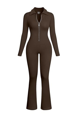 OQQ Women Flare Pants Jumpsuits One Piece Long Sleeve Zipper Wide Leg Jumpsuits Darkbrown | Amazon (US)