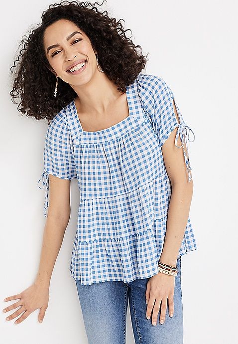 Tiered Gingham Babydoll Blouse | Maurices