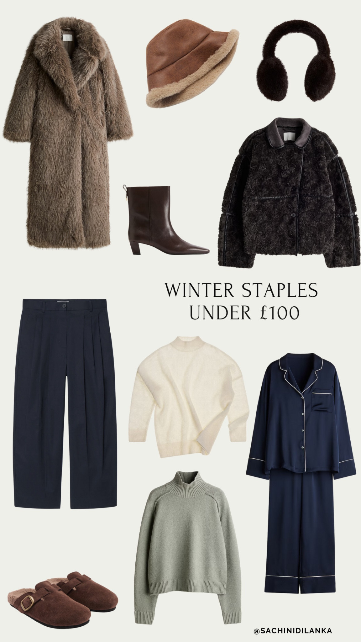 Winter Staples Under £100, Winter Outfit Essentials, H&M, Mango, Cos, Heeled Boots, Satin Pyjamas, Bucket Hat, Jumper, Slipper, Cotton Trousers, Fluffy Earmuffs, Teddy Jacket, Fluffy Coatt