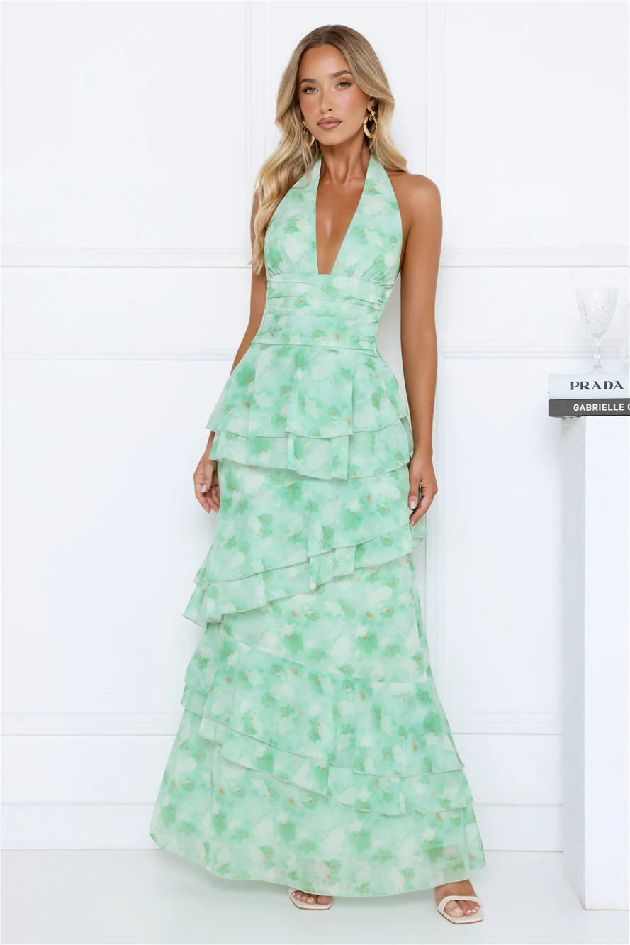 Summer Haze Floral Print Halter Maxi Dress Green | Hello Molly (US)