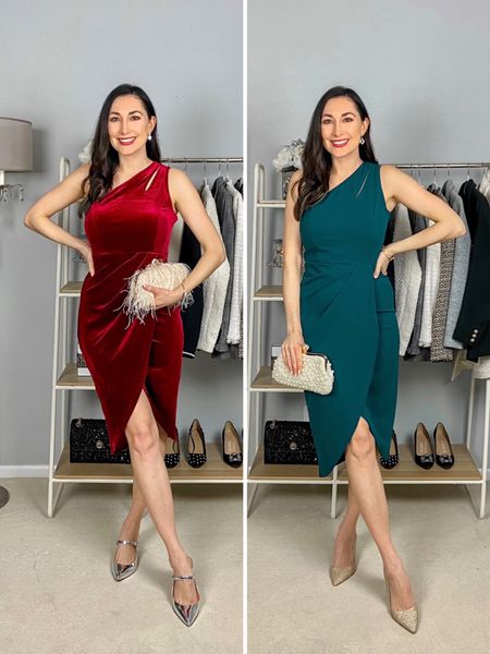 Red or Green?⬇️ Today I’m sharing 2 dress options for any last minute holiday parties, Christmas Day, or NYE! Both ship prime so should arrive in time for the weekend and are under $45. Also I promise the dress is green. It kind of shows up more teal on film but it is a darker green tone. 

Outfit 1
Red velvet midi dress size small, fits slightly big 
Silver mule heels size 7, TTS

Outfit 2
Dark green one shoulder midi dress size small, TTS
Gold heels (linked similar)

#amazonfashion #mididresses #oneshoulder #holidayparty #christmasoutfits #reddress #velvetdress #greendress #amazonfinds #ltkparties #affordablestyle #ltkholiday 

#LTKHoliday #LTKparties #LTKfindsunder50