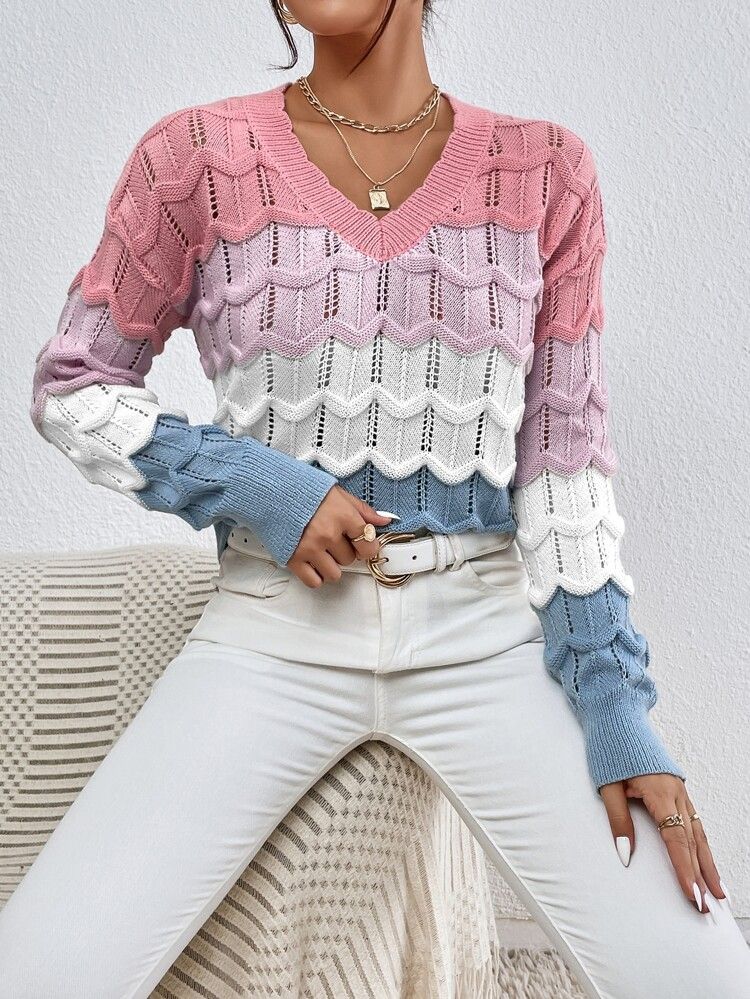 Colorblock Pointelle Knit Drop Shoulder Sweater | SHEIN