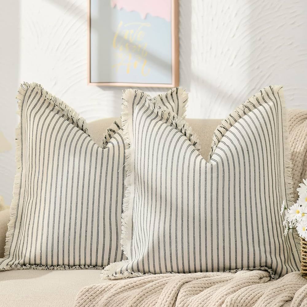 ZWJD Throw Pillow Covers 22x22 Set of 2 Striped Pillow Covers with Fringe Chic Cotton Decorative ... | Amazon (US)
