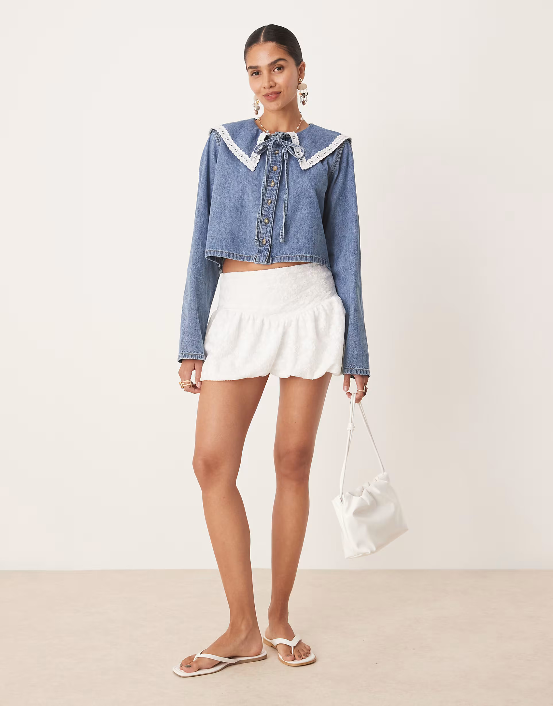 ASOS DESIGN denim long sleeve shirt with collar in mid blue | ASOS (Global)