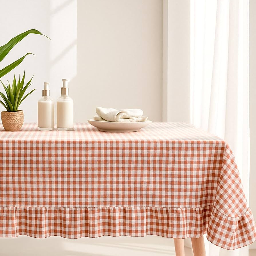 Brown Plaid Ruffled Table Cloth Cotton Linen Rectangle Gingham Tablecloth Classic Farmhouse Vinta... | Amazon (US)