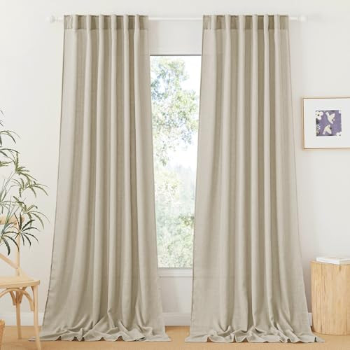 RYB HOME Semi Sheer Curtains 102 inches Long, Back Tab Light Filtering Half Privacy Window Curtains & Drapes for Bedroom Living Room, Beige, W 52 x L 102 inches, 2 Panels Set | Amazon (US)