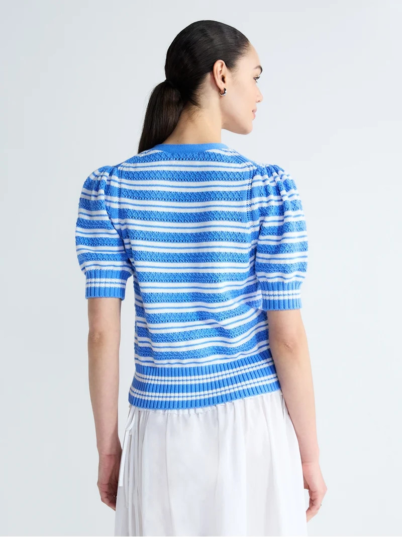Free Assembly's Women's Cotton Crochet Cardigan Sweater with Puff Sleeves, Sizes XS-4X | Walmart (US)