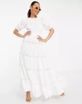 ASOS DESIGN shirred mixed broderie tiered maxi dress with lace inserts in white | ASOS (Global)