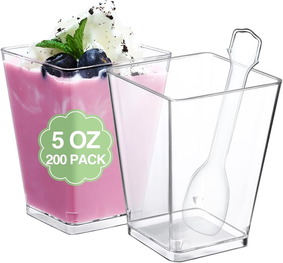 SHOPDAY 5 Oz-Plastic-Dessert-Cups: 200 Pack Square-Clear-Parfait-Cup-with-Spoons, Appetizer-Cup S... | Amazon (US)
