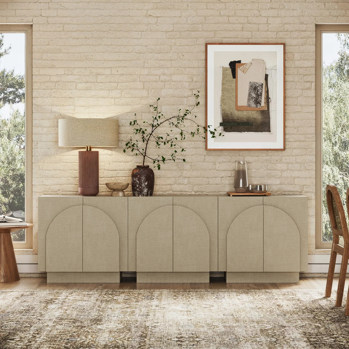 Arched Fabric Wrapped Storage Cabinet Credenza Beige (Set of 3) | Nathan James