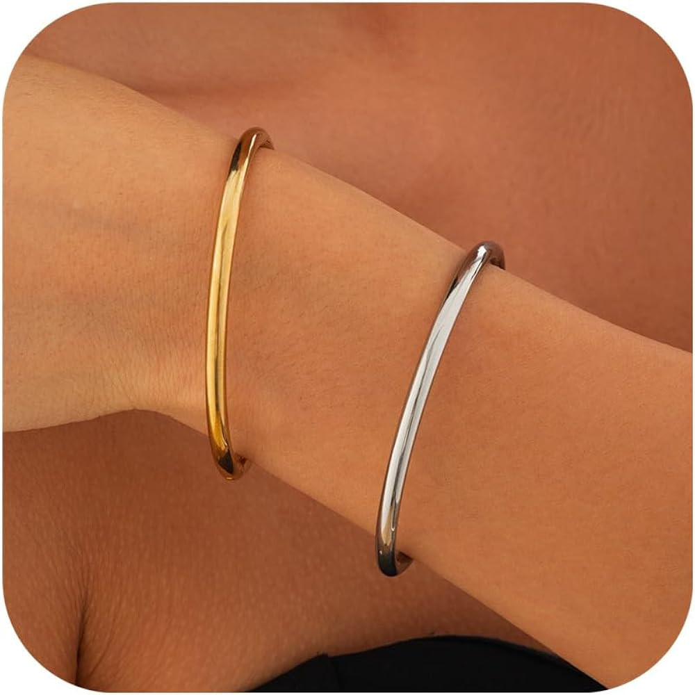 4mm 18K Gold Plated Bracelet for Women Stacking Stainless Steel Thin Round Glossy Bracelets Class... | Amazon (US)