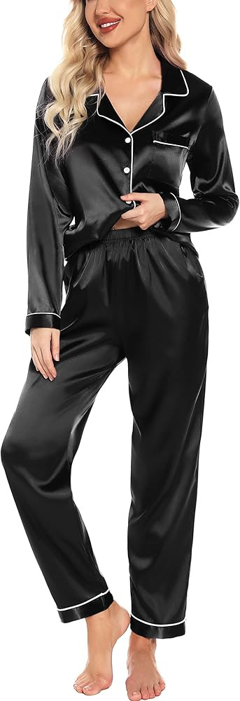 Samring Women's Silk Satin Pajamas Set Long Sleeve Sleepwear Two Piece Button Down Pj Set with Pocke | Amazon (US)