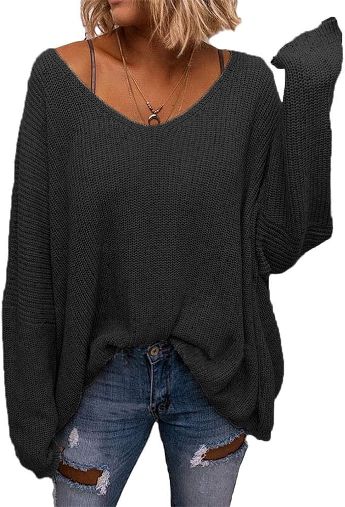 BZB Women's V Neck Long Sleeve Knit Loose Oversized Pullover Sweater Top | Amazon (US)