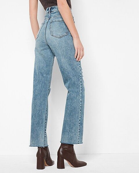 Super High Waisted Medium Wash Ripped Modern Straight Jeans | Express