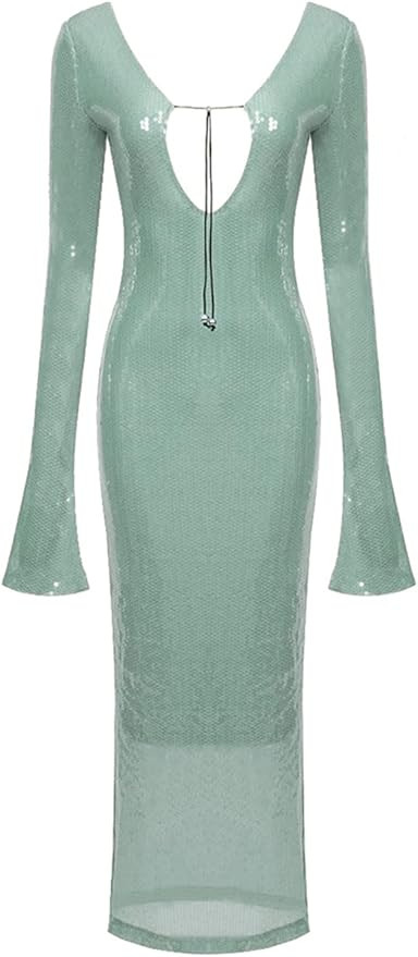 meilun Deep V Dress with Drawstring Long Sleeve Sequin Dress for Women Long Gown | Amazon (US)
