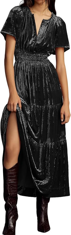 R.Vivimos Women's Fall Winter Vintage Velvet Dress Short Sleeve V Neck Elastic Waist Tiered Ruffl... | Amazon (US)