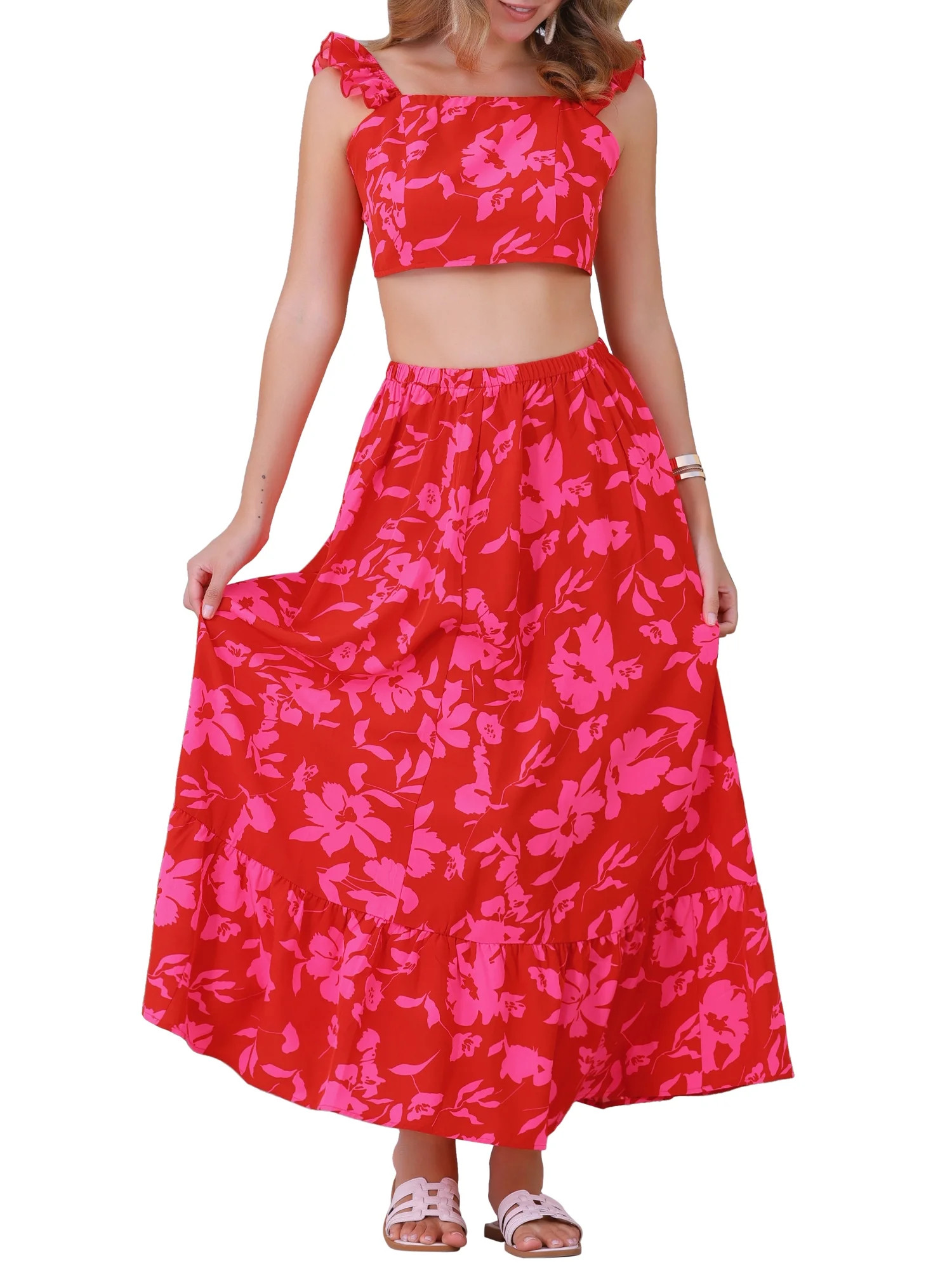 INSPIRE CHIC Summer 2 Piece Outfits for Women's Floral Tank Top and Maxi Skirt Set S Red | Walmart (US)