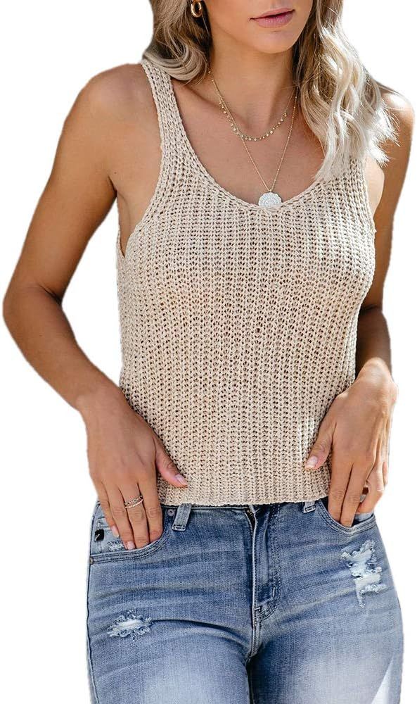 Saodimallsu Womens Summer Sexy Knit Tank Tops Loose Sleeveless Sweater Casual Sheer Ribbed Crop T... | Amazon (US)