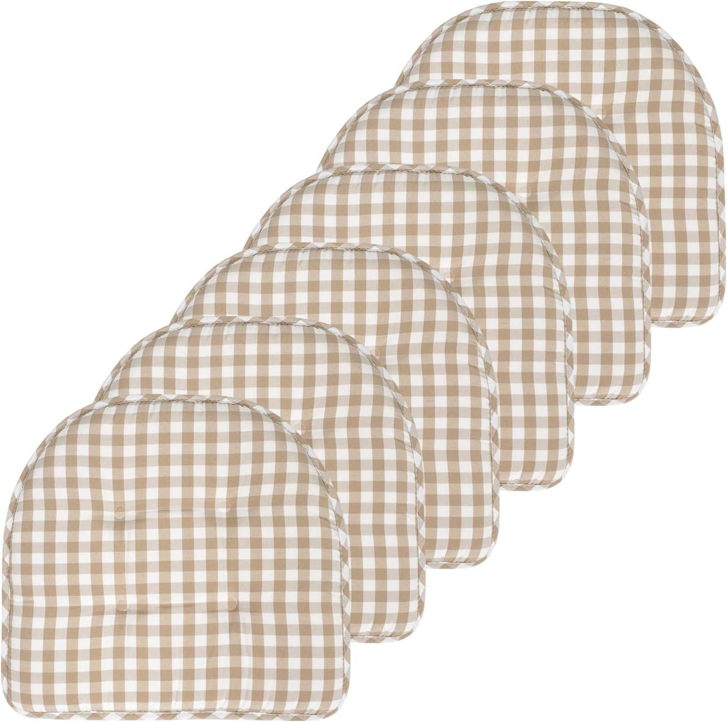 Sweet Home Collection Chair Cushion Memory Foam Pads Tufted Slip Non Skid Rubber Back U-Shaped 17" x 16" Seat Cover, 6 Pack, Checkered Taupe/White | Amazon (US)