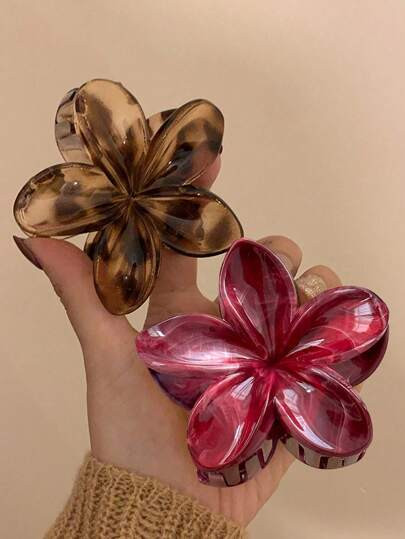2pcs Women Minimalist Leopard Print Caramel Acrylic Floral Hair Claw Clips, Elegant And Versatile Hair Accessories For Casual, Party, And Daily Wear | SHEIN