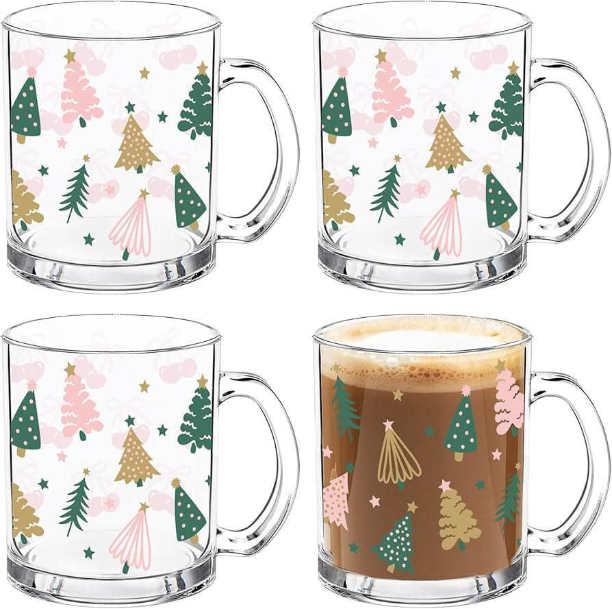Whaline 4Pcs Christmas Glass Coffee Mugs with Handle Pink Green Xmas Tree Coffee Cups Beverage Mu... | Amazon (US)