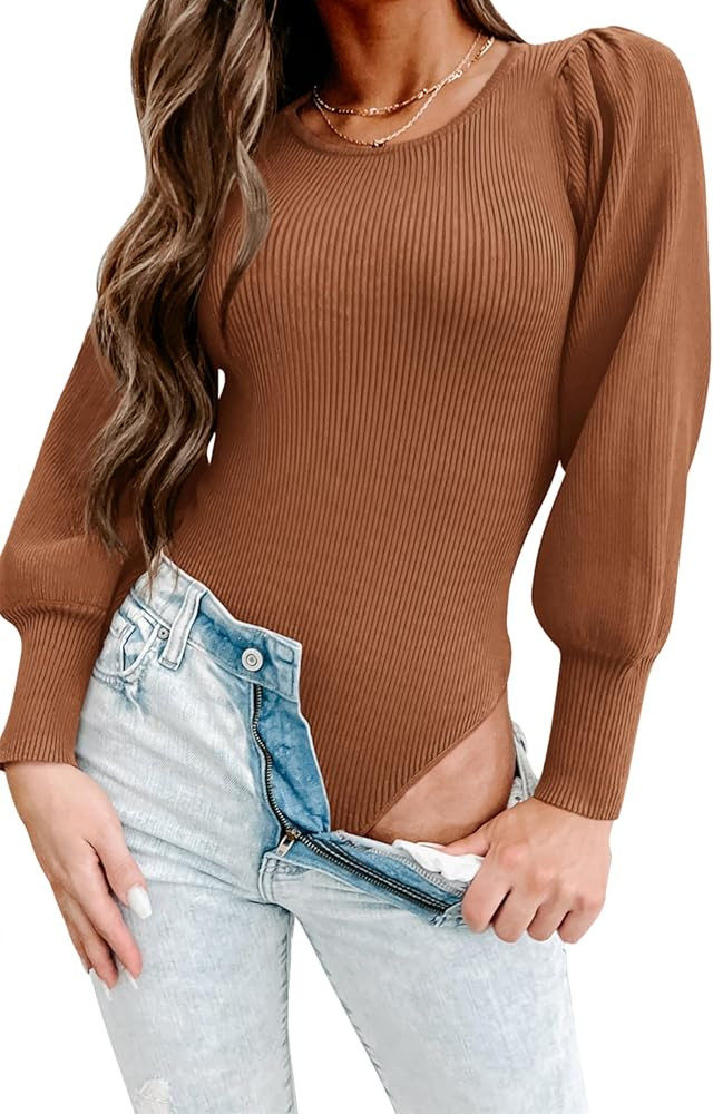 MASCOMODA Long Puff Sleeve Sweaters for Women 2024 Fall Winter Crewneck Knit Ribbed Bodysuit Pull... | Amazon (US)