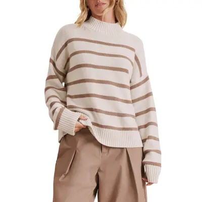 Splendid Nora Stripe Mock Neck Sweater in Pale Oak Heather/taupe at Nordstrom, Size Medium | Nordstrom