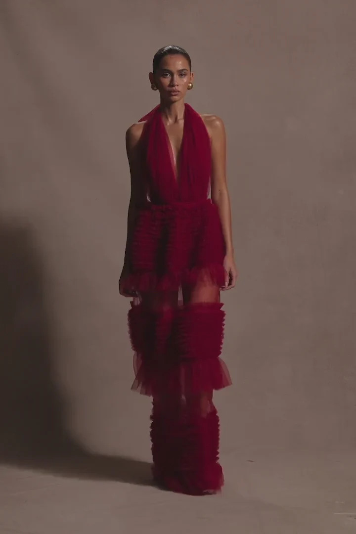 Mesh Ruffle Halter Maxi Dress - Red | MESHKI US