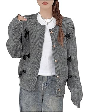 GORGLITTER Women's Bow Tie Button Down Sweater Cardigan Sweaters Long Sleeve Coquette Cardigans T... | Amazon (US)