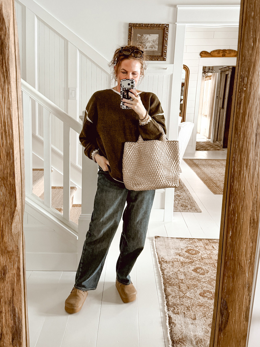 I love this sweater! It does run true to size. This is the large. It is very soft and cozy. I paired it with one of my favorite pair of denim, platform clogs, and a gold woven bag for a day out running errands.  

 #LTKgrwm #LTKootd #LTKMidsize
