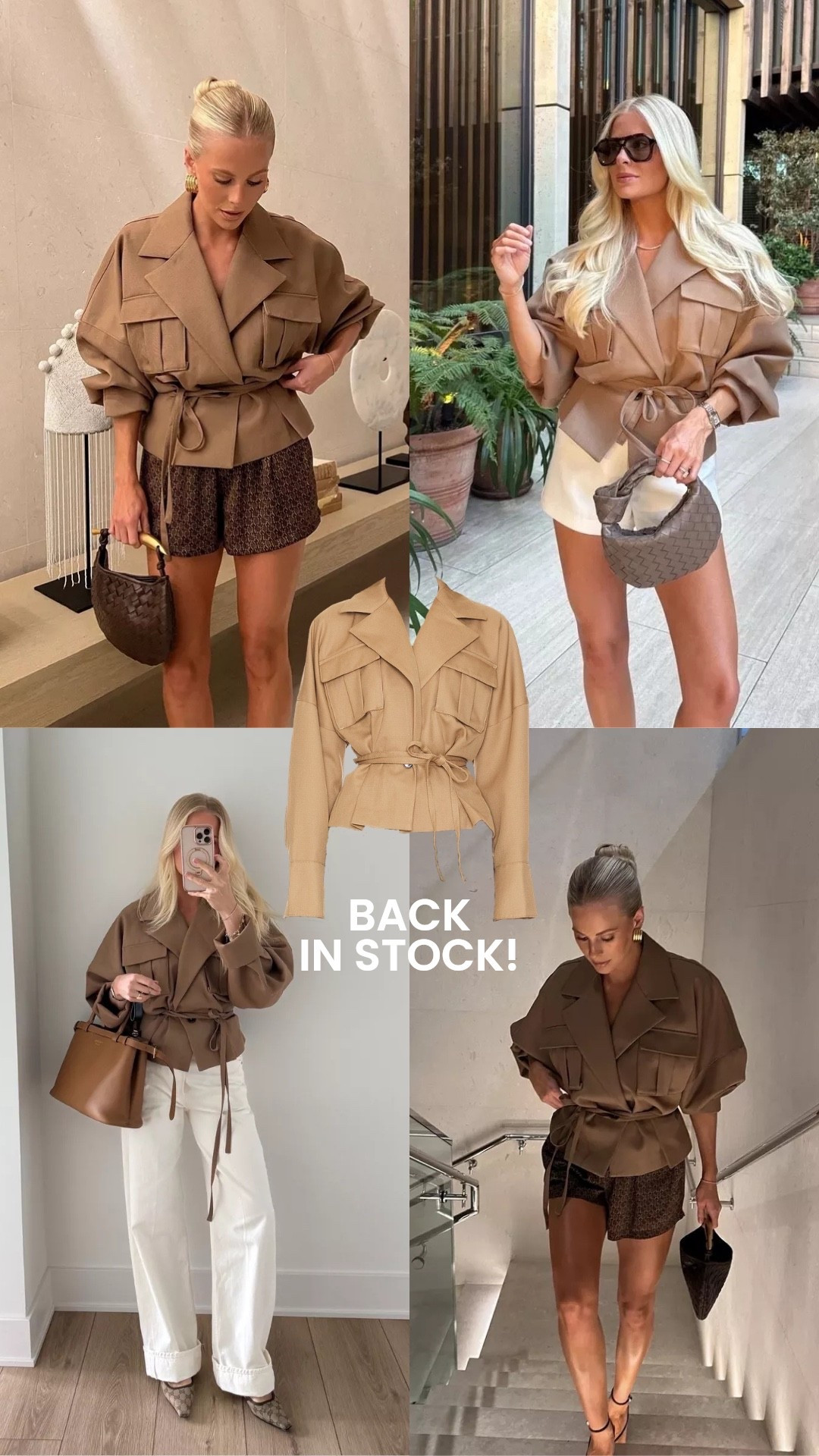 Jacket back in stock!! I’m in a size small! 

Top left - small in shorts, 1/2 size up in shoes
Top right - 4 in shorts, shoes tts
Bottom left - 26 in jeans, shoes tts
Bottom right - small in shorts, 1/2 size up in shoes

#LTKootd #LTKSeasonal