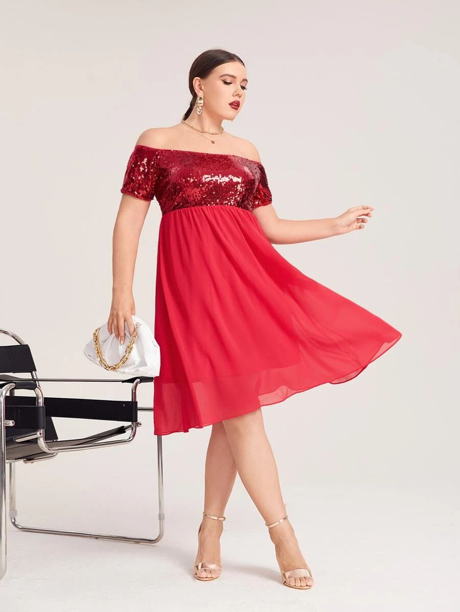 SHEIN Plus Off Shoulder Contrast Sequin Dress | SHEIN
