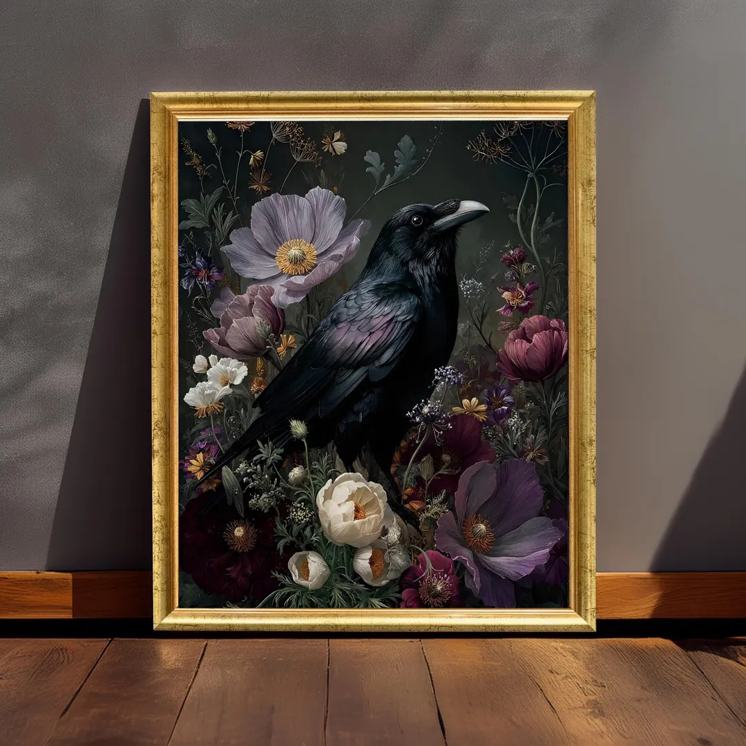 Gothic Raven and Wildflower Art Print: Whimsigoth Dark Nature Decor - Etsy | Etsy (US)