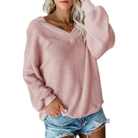 Sexy Dance Plus Size Women's Waffle Knit Pullover Tops V Neck Off Shoulder Blouse Ladies Batwing Sle | Walmart (US)
