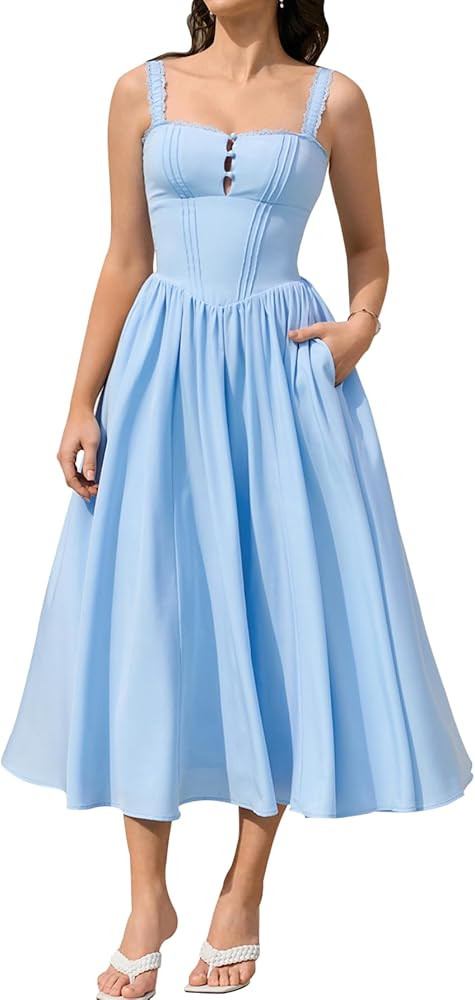 KUTUMAI Women Summer Lace Square Neck Midi Dress Corset Smocked Flowy A Line Beach Wedding Guest ... | Amazon (US)