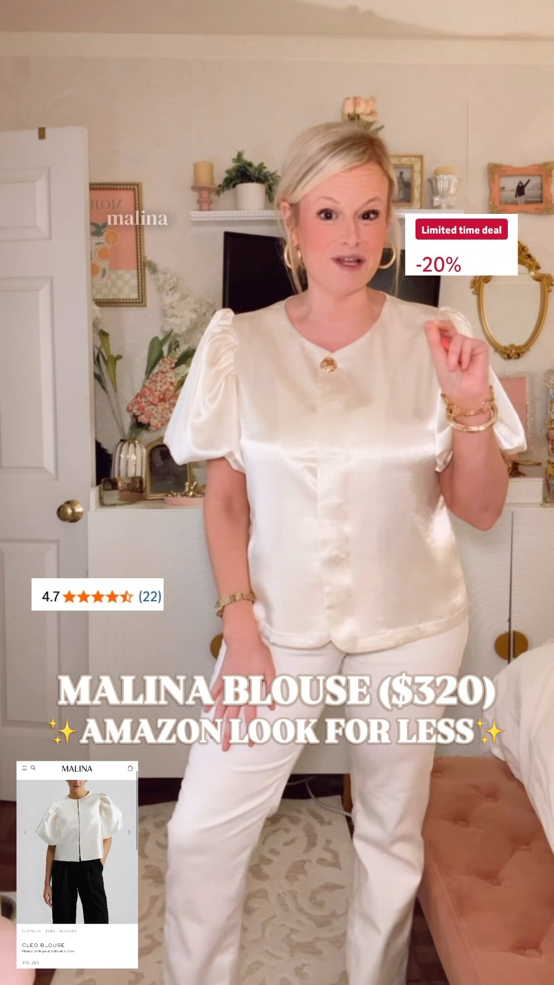 The Malina Cleo Blouse Is $320. This One Is on Amazon. And It Is 20% Off Today. 🤍

The Malina Cleo blouse has become the elevated puff sleeve top that the woman who dresses with intention reaches for. The satin fabric. The balloon short sleeves that hit at exactly the right volume. The button front with that single statement button. The cropped length that tucks or layers perfectly. It retails for $320. 

This Amazon find is doing the whole blouse.

Satin fabric that is soft, breathable, and lightweight with that cooling feel that makes it work in every season. Crew neckline. Button down front. Puff short sleeves. Loose fit that is polished without being stiff. Wear it tucked into trousers for the office. Wear it open over a cami. Wear it with white denim. It works every way.

Medium, true to size. Available in six colors. Currently 20% off.

She was made for the woman who loves elegant designer looks for less but not the price tag that comes along with it. 

It works for:
🤍 Work outfit women
🤍 Business casual outfit
🤍 Teacher outfit women
🤍 Professional wardrobe staple
🤍 Elegant top women
🤍 Malina look for less

Malina look for less, Malina Cleo blouse look for less, Malina dupe, puff sleeve blouse women, satin blouse women, silk blouse women, work blouse women, work top women, work outfit women, business casual top women, business casual outfit women, teacher outfit women, office outfit women, professional outfit women, elegant blouse women, elevated top women, spring work outfit, cream blouse women, white blouse women, button down blouse women, puff sleeve top women, crop blouse women, Amazon fashion finds, Amazon blouse women, look for less blouse, designer look for less, affordable workwear women, feminine workwear women

#WorkOutfit #WorkOutfits #LookForLess #TeacherOutfit #BusinessCasual
#LTKFindsUnder50 #AmazonFashionFinds 

#LTKWorkwear #LTKOver40 #LTKSaleAlert