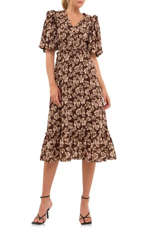 English Factory Puff Sleeve Floral Midi Dress in Chocolate at Nordstrom, Size Small | Nordstrom