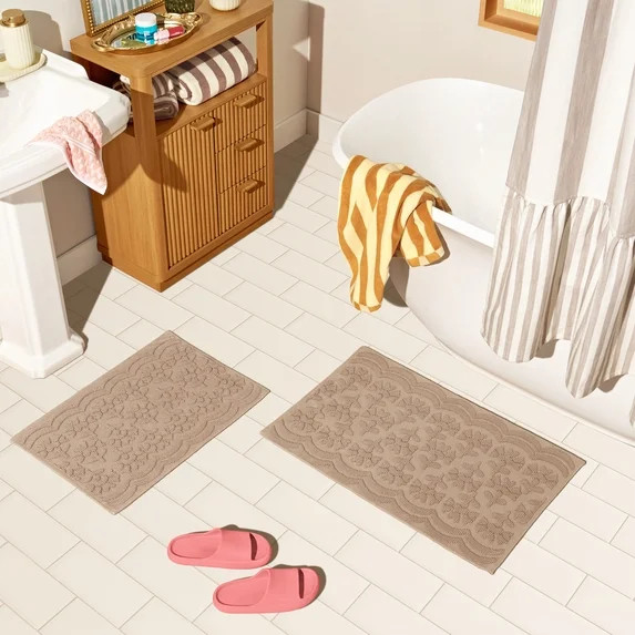 Beautiful Floral Block Scallop 2 Piece Bath Rug Set by Drew Barrymore, Fawn, 17" x 24" & 20" x 30... | Walmart (US)